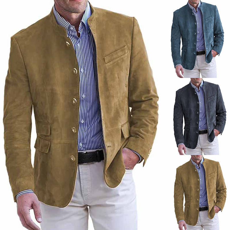 Men's Velour Leather Blazer with Stand Collar and Flap Pockets Mune Fashion