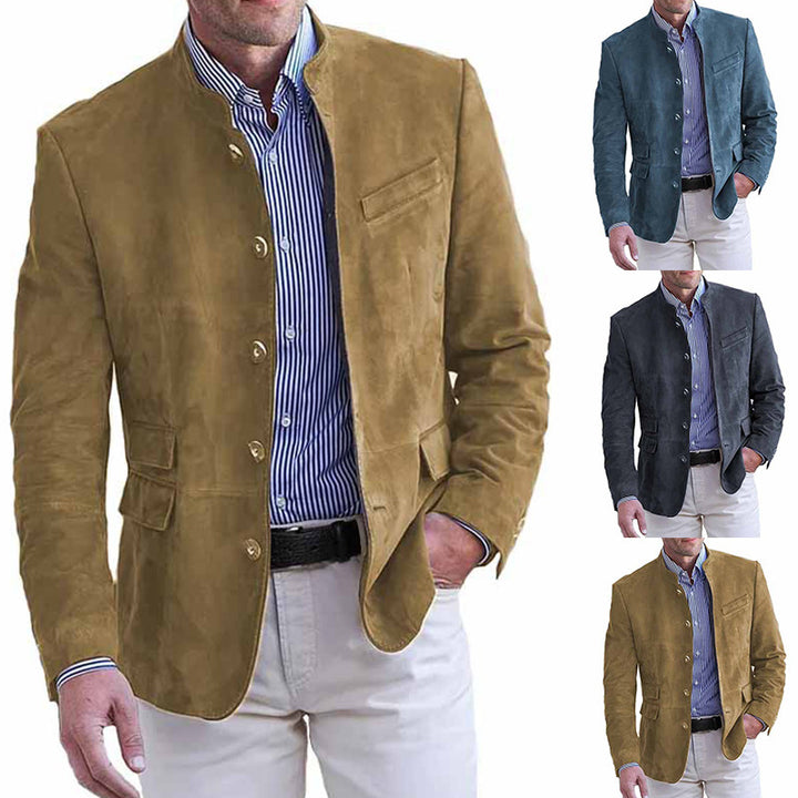 Men's Velour Leather Blazer with Stand Collar and Flap Pockets Mune Fashion