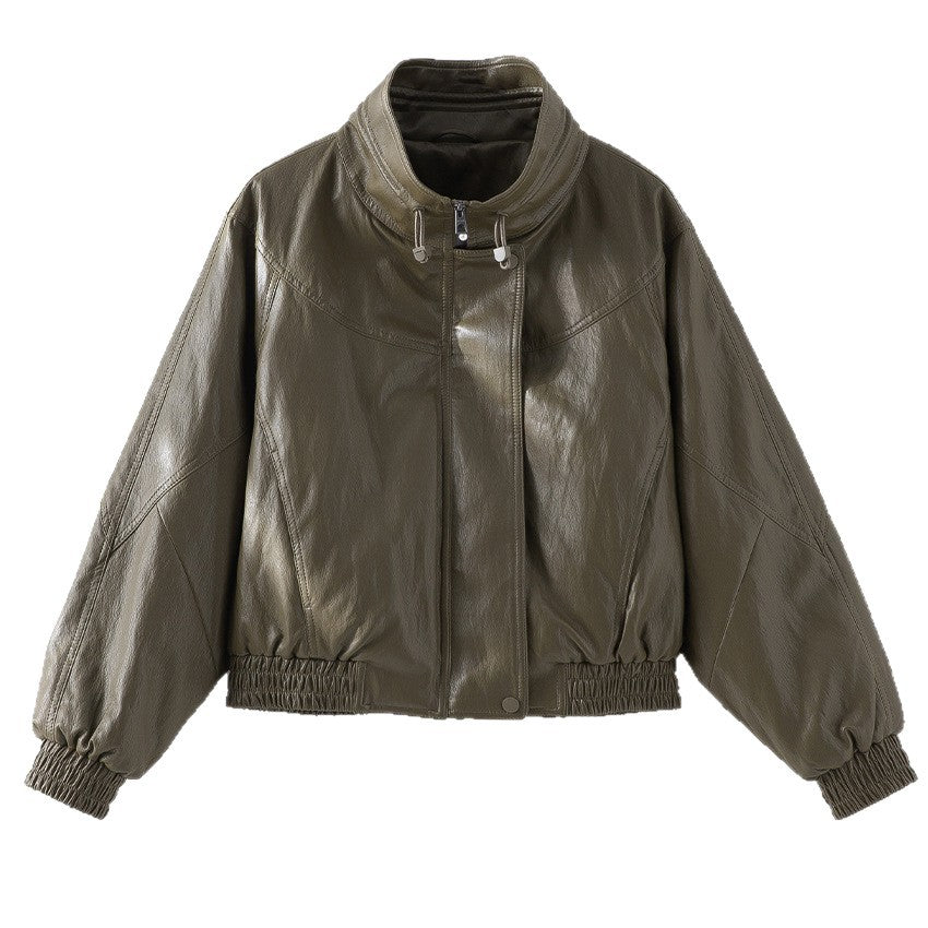 Women Oversized Faux Leather Bomber Jacket with Stand-up Collar and Elastic Hem Mune Fashion