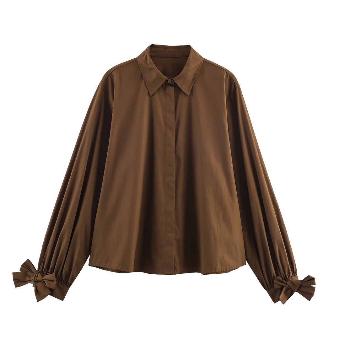 Women's oversized shirt blouse with classic collar, balloon sleeves, and bow cuffs Mune Fashion