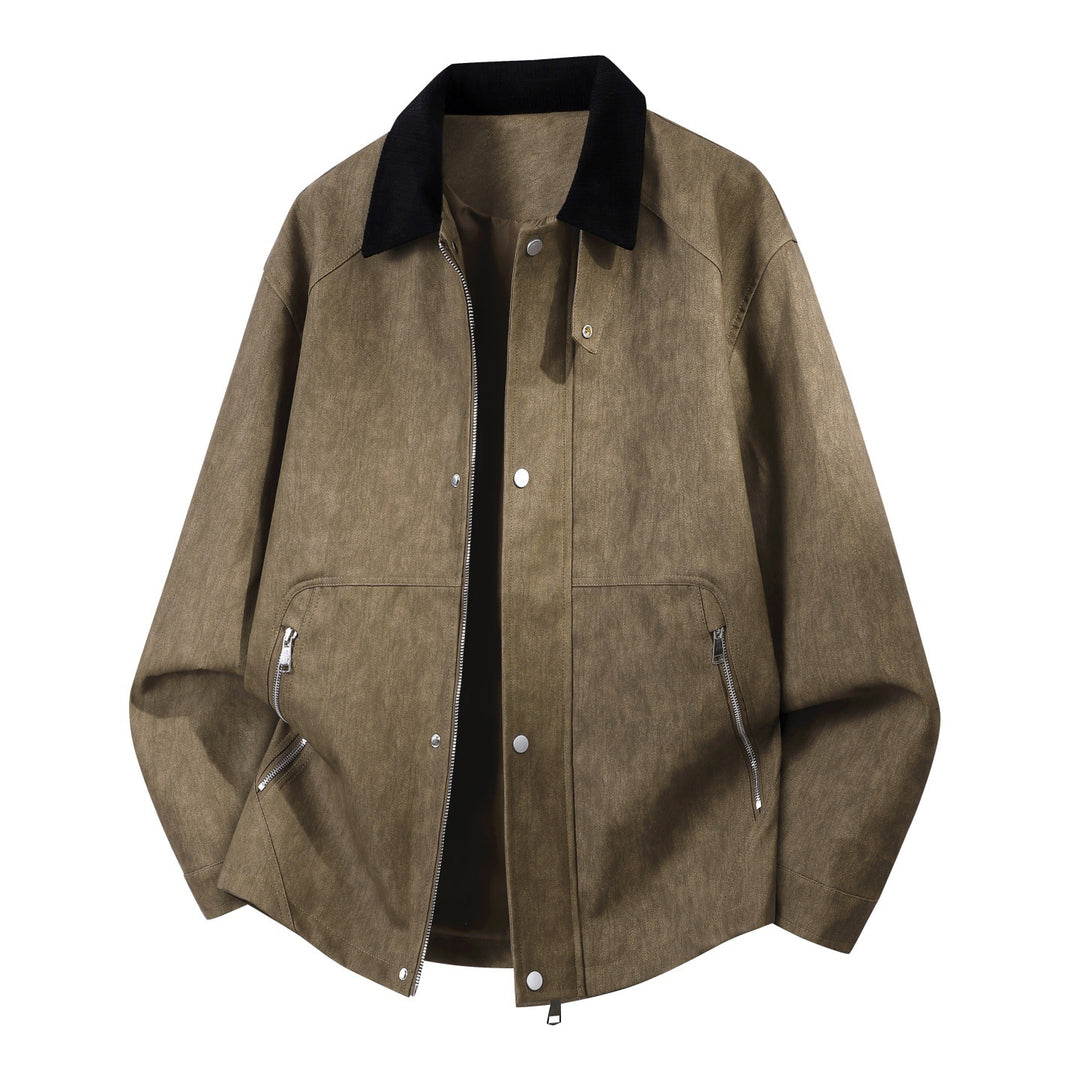 Men's Oversized Faux Leather Harrington Jacket with Cord Collar and Concealed Two-Way Zipper Mune Fashion