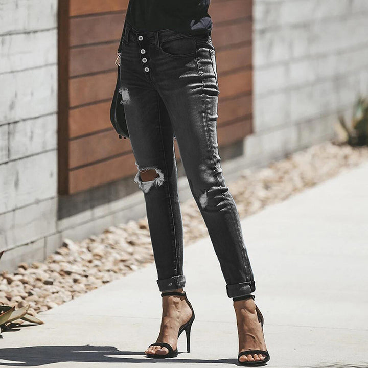 Women's skinny jeans with high button placket and casual ripped used look Mune Fashion