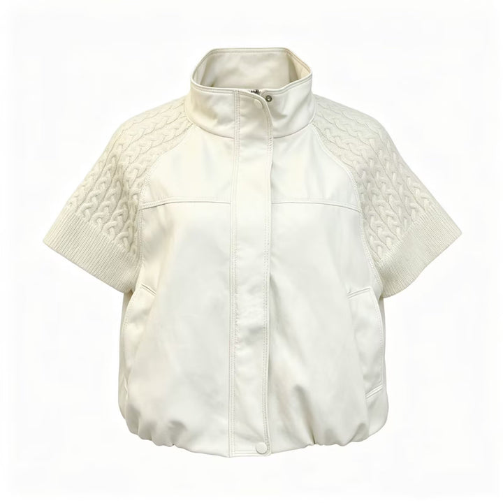 Women's Short Lamb Leather Vest with Stand-Up Collar and Knitted Cable Puff Sleeves Drune