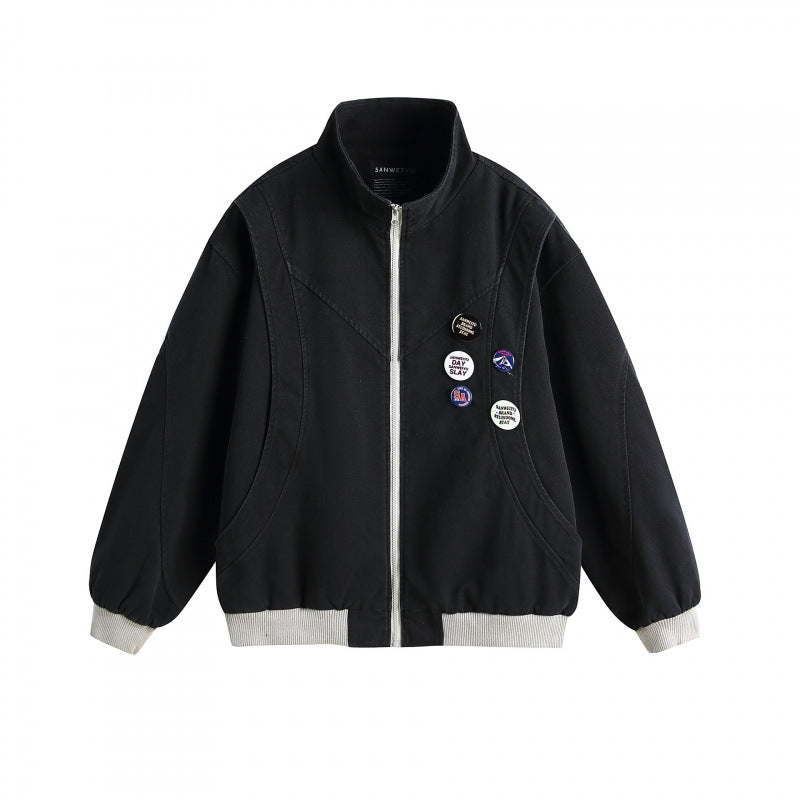 Unisex Boxige lightweight bomber jacket with stand-up collar, front zipper and badge applications Mune Fashion