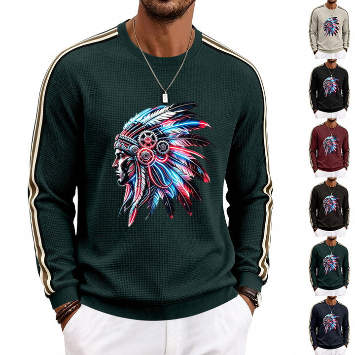Men's sweatshirt with feather headpiece print, waffle structure and contrasting shoulder stripes Mune Fashion