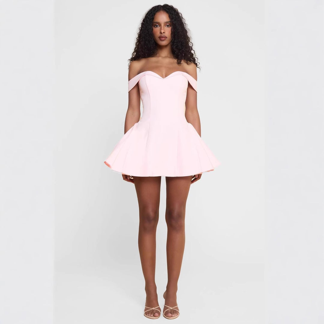 Women's short off-the-shoulder A-line dress with heart neckline, fitted bodice and side pockets Mune Fashion