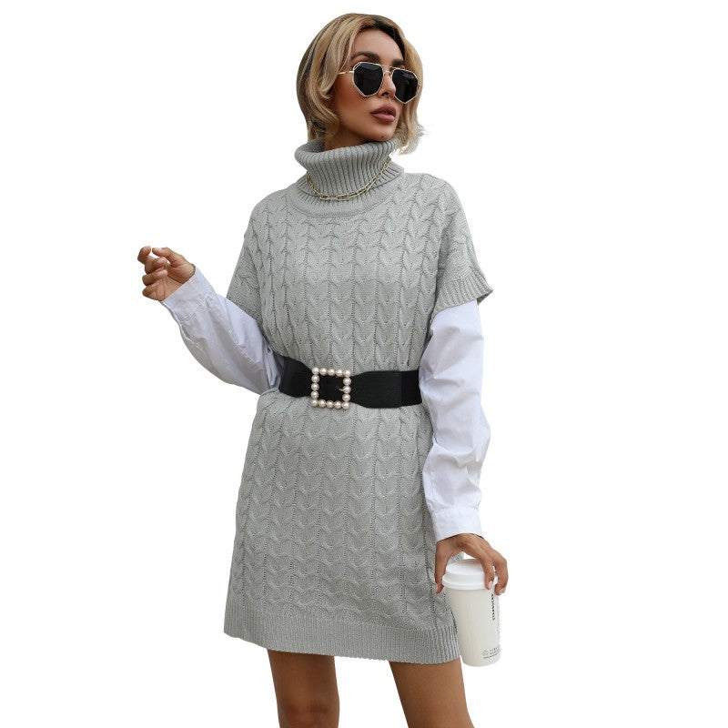 Women's knitted dress with roll neck, cable pattern and sleeveless tunic silhouette Mune Fashion