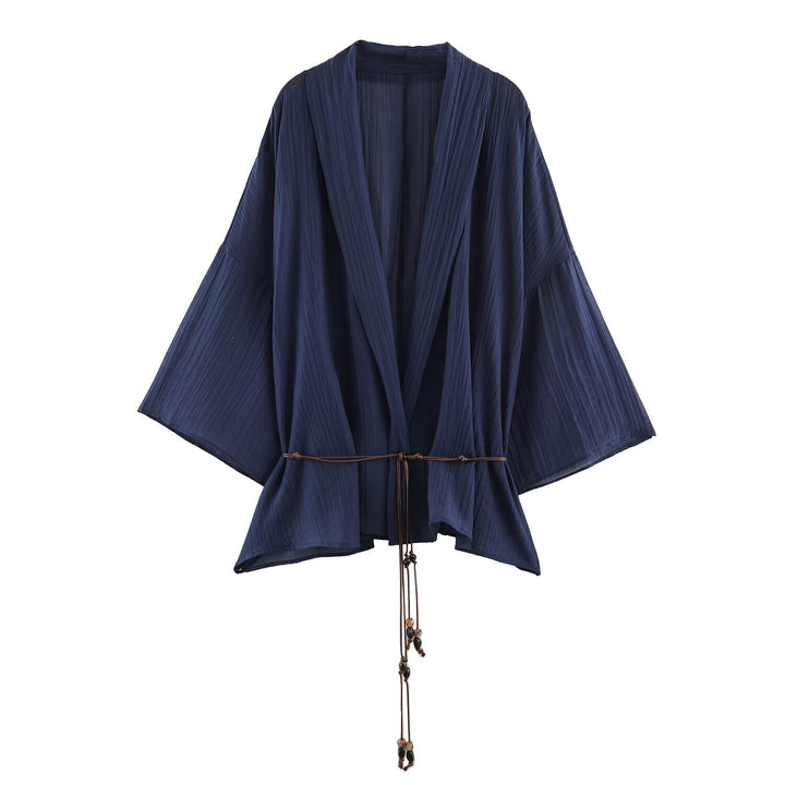 Women Pleated Oversized Kimono with Hip Cord and Trumpet Sleeves Mune Fashion