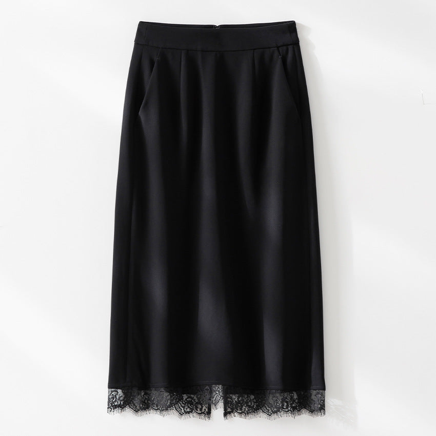 Ladies midi skirt made of satin with lace trim and side pockets Mune Fashion