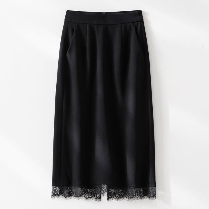 Ladies midi skirt made of satin with lace trim and side pockets Mune Fashion