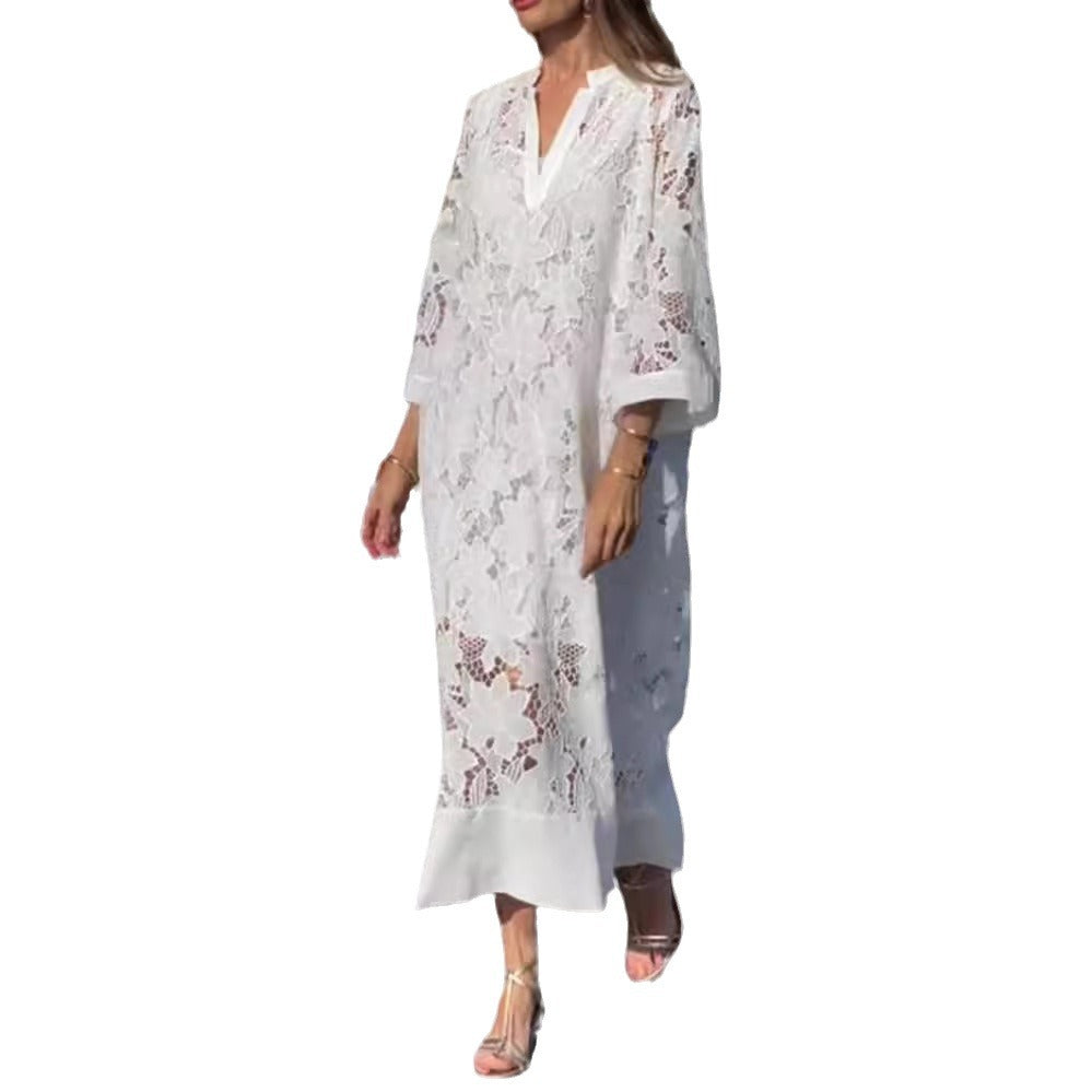 Women's airy lace maxi dress with floral openwork embroidery, loose kimono sleeve cut, and lightweight underdress Mune Fashion