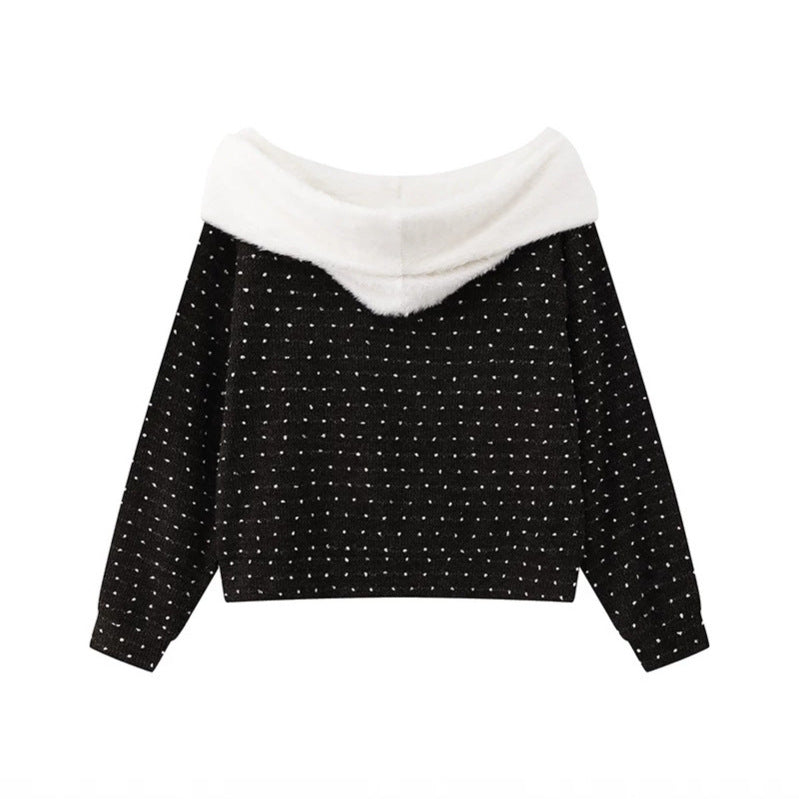 Women's Cozy Knitted Sweater with Large Faux Fur Shawl Collar and Kangaroo Pocket Mune Fashion