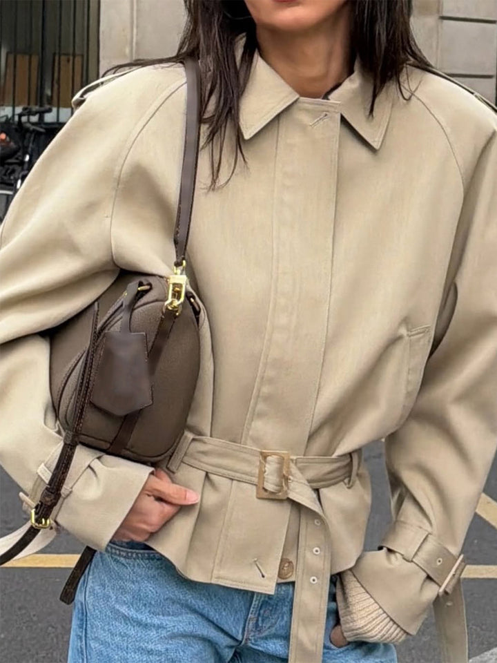 Women Tailored Short Trench Coat with Tie Belt, Raglan Sleeves and Concealed Button Placket Mune Fashion