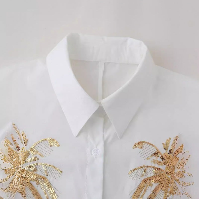 Women Oversize Shirt Blouse with Palm Motif made of Golden Sequins Mune Fashion