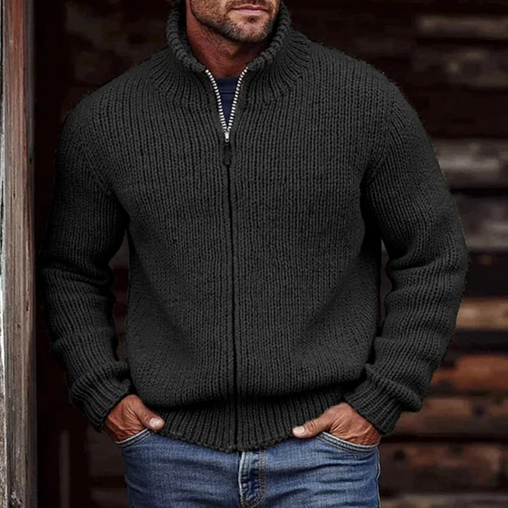 Men's chunky knit cardigan with stand-up collar and continuous zipper Mune Fashion
