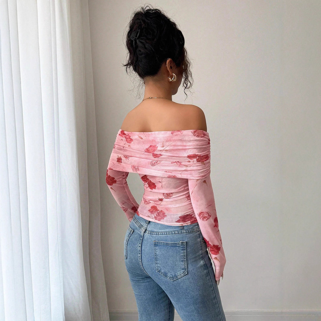 Women off-shoulder gathered long-sleeve top made of fine mesh with floral print and tailored silhouette Mune Fashion