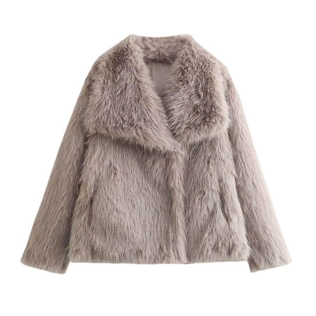 Ladies Short Boxy Faux Fur Jacket with Wide Shawl Collar and Long Fiber Faux Fur Mune Fashion