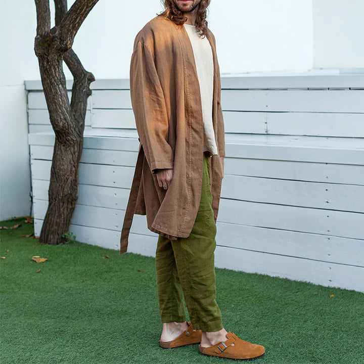 Men's Long Linen Kimono Coat in Relaxed Fit with Tie Belt Mune Fashion