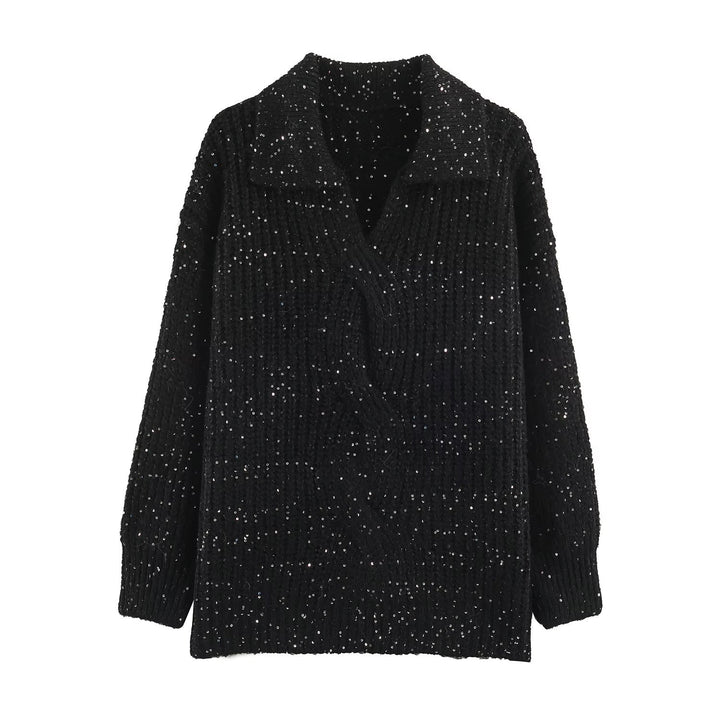 Women's Chunky Knit Sweater with Wide Lapel Collar and Sequin Trim Mune Fashion