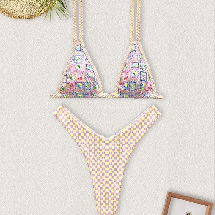 Women's Triangle Bikini with Colorful Patchwork Pattern Mune Fashion