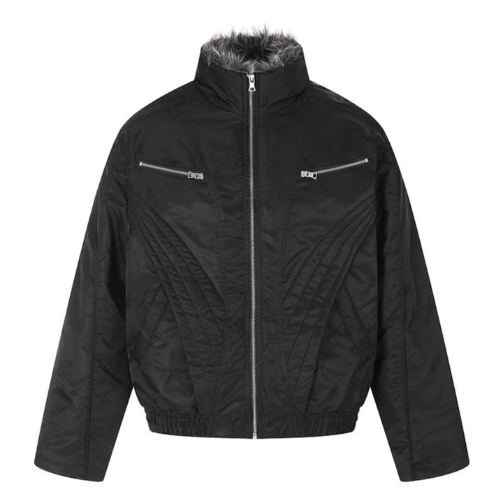 Women's padded bomber jacket with high stand-up collar, faux fur lined collar and zippered pockets Mune Fashion