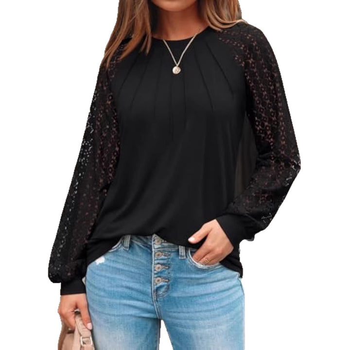 Ladies long-sleeve blouse with lace inserts and box pleats Drune