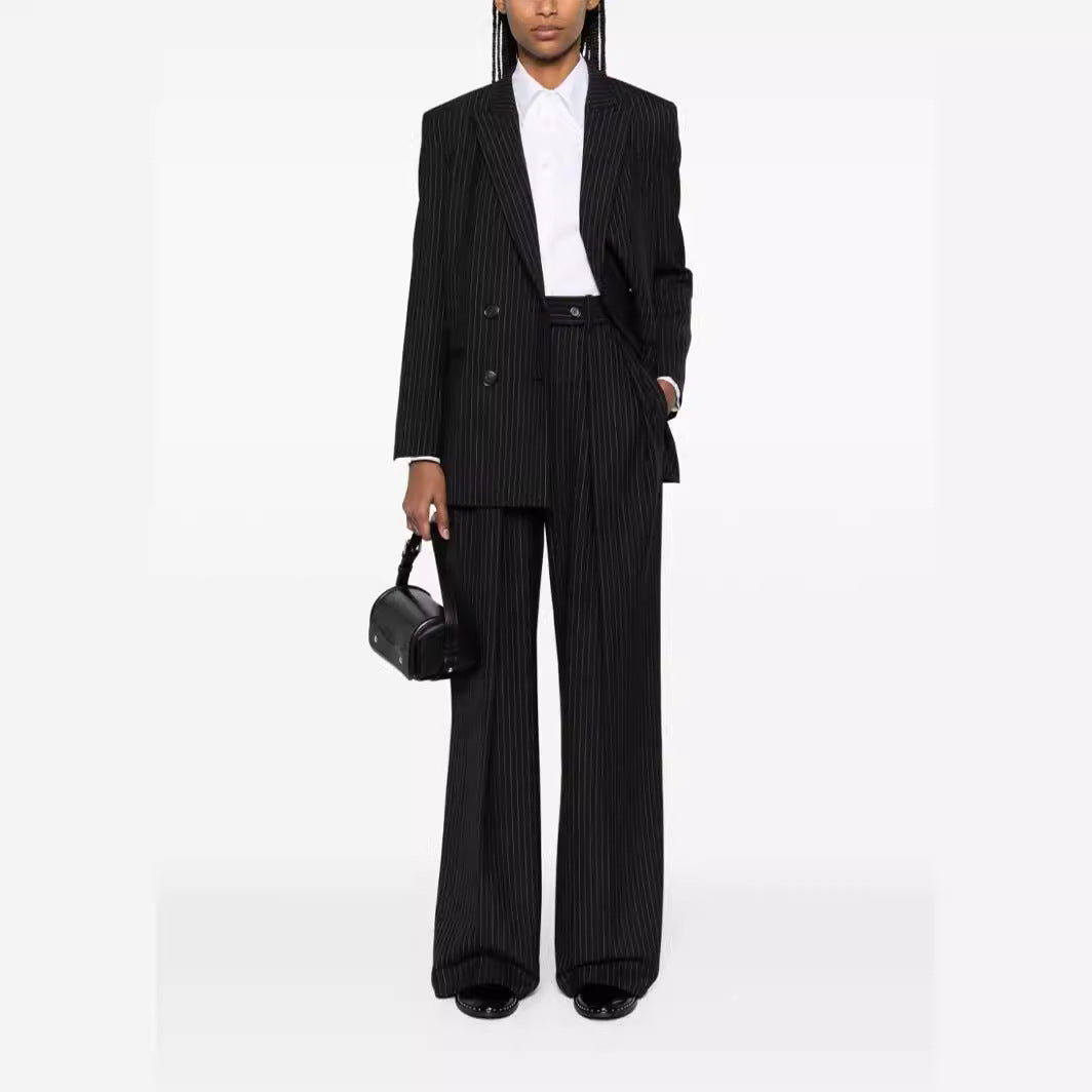 Women's Two-Piece Pinstripe Suit with Oversized Double-Breasted Design and Wide Pleated Trousers Mune Fashion