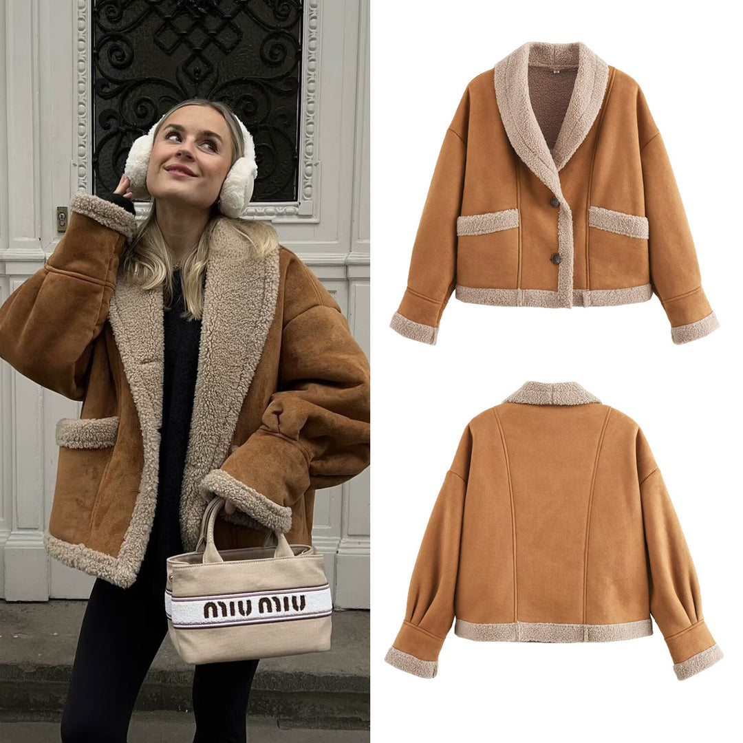 Women's short jacket with teddy lining, shawl collar, and oversized cut Mune Fashion