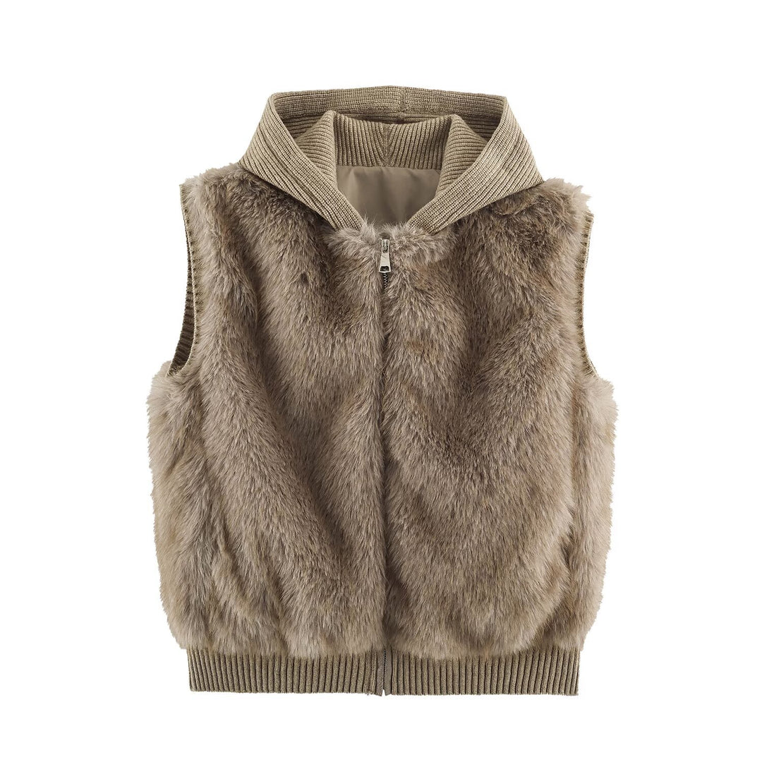 Women Faux Fur Vest with Zipper, Ribbed Collar and Elastic Cuffs Mune Fashion