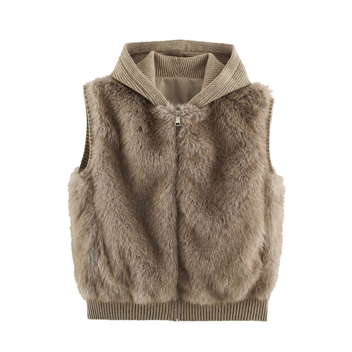 Women Faux Fur Vest with Zipper, Ribbed Collar and Elastic Cuffs Mune Fashion