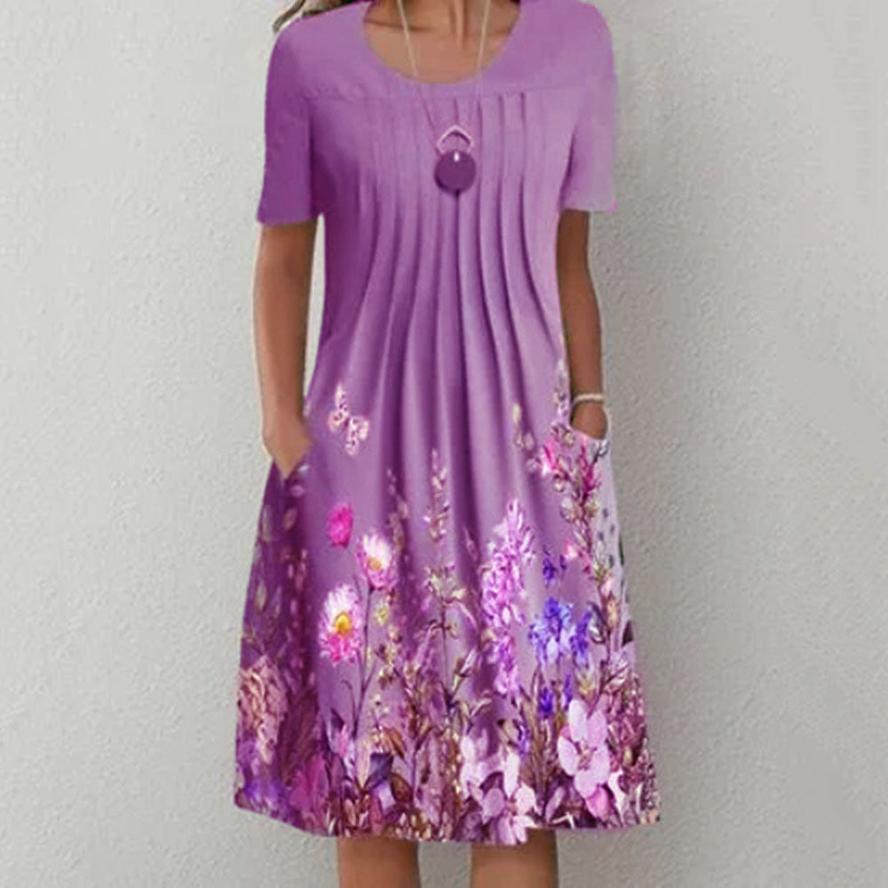 Women Pleated Midi Dress with Short Sleeves, Side Pockets and Floral Hem Mune Fashion