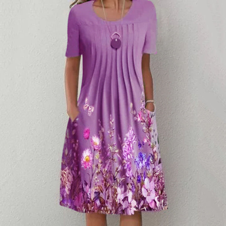 Women Pleated Midi Dress with Short Sleeves, Side Pockets and Floral Hem Mune Fashion