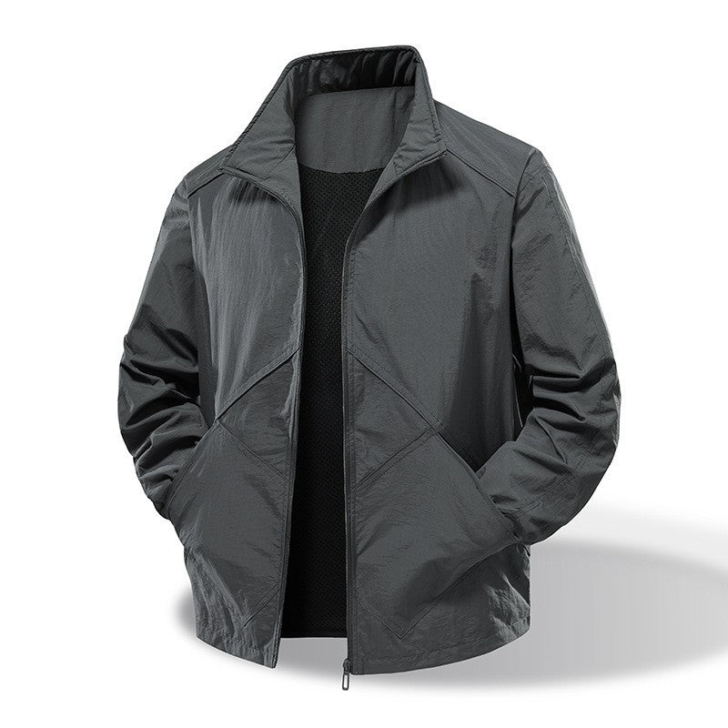 Men's Lightweight Windbreaker Outdoor Jacket with Stand Collar, Two-way Zipper and Concealed Pockets Mune Fashion
