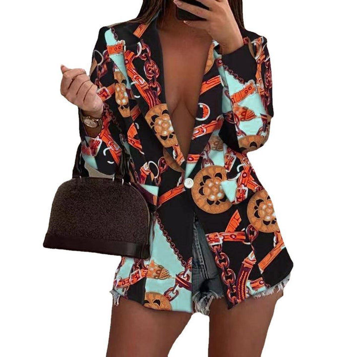 Women's Patterned Longline Blazer with Single Button Closure and Silk Scarf Print Mune Fashion