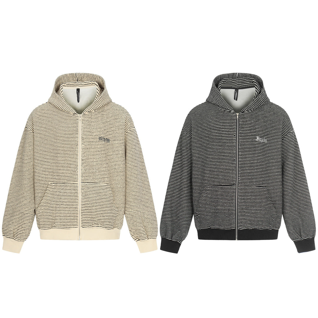 Unisex Striped Zip-Up Hoodie Sweatshirt with Textured Surface Mune Fashion