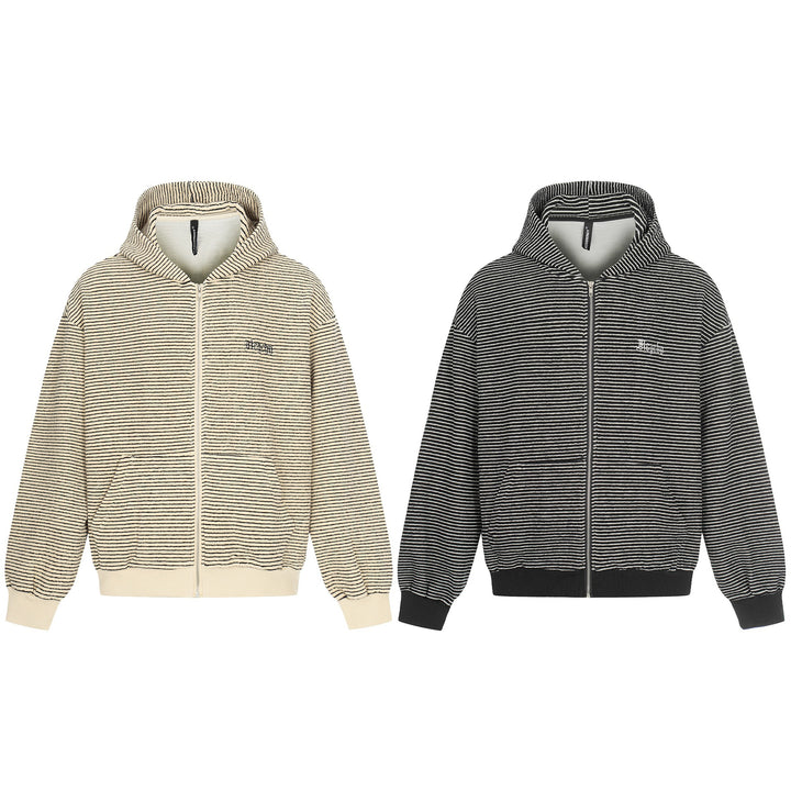 Unisex Striped Zip-Up Hoodie Sweatshirt with Textured Surface Mune Fashion