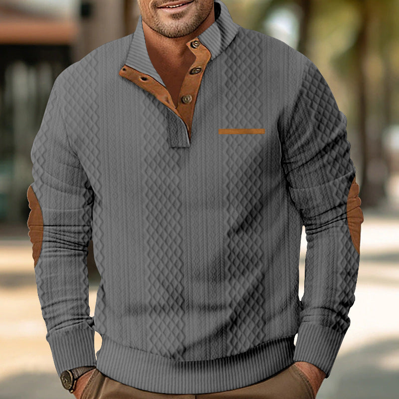 Men's structured stand-up collar pullover with half button placket and elbow patches Mune Fashion