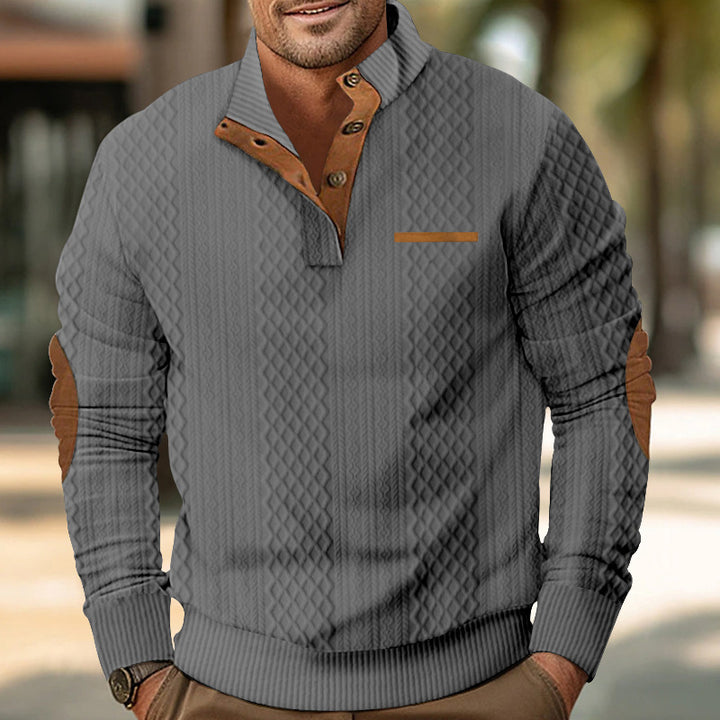 Men's structured stand-up collar pullover with half button placket and elbow patches Mune Fashion