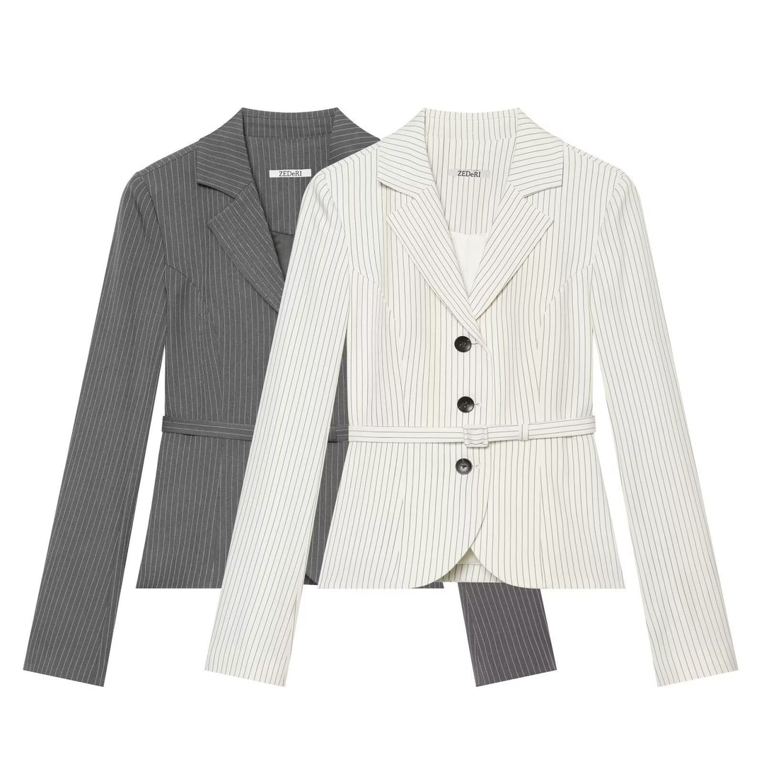 Women's Tailored Pinstripe Blazer with Tie Belt Mune Fashion