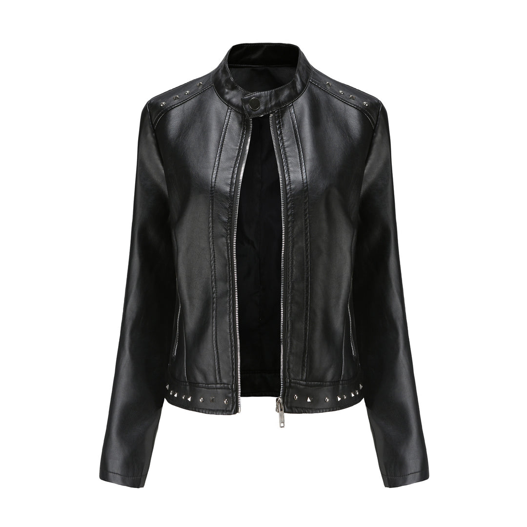 Women's cropped tailored faux leather jacket with stand-up collar two-way zipper and decorative stud hem Mune Fashion