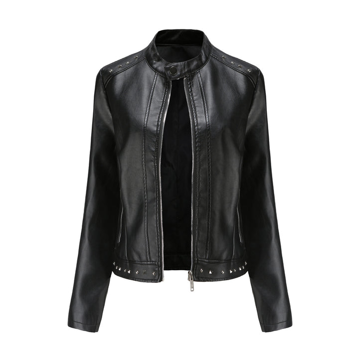 Women's cropped tailored faux leather jacket with stand-up collar two-way zipper and decorative stud hem Mune Fashion