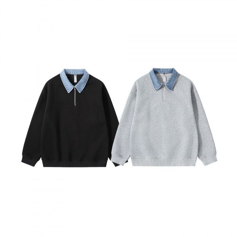 Unisex Oversize-Halfzip-Sweatshirt with contrasting denim collar Mune Fashion