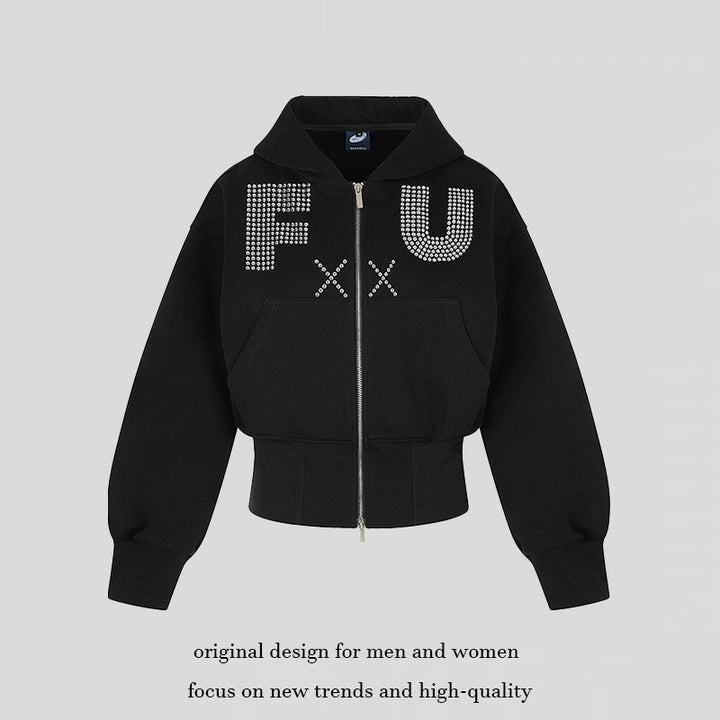 Ladies Short Hooded Sweat Jacket with Full Zip, Wide Ribbed Hem and Rhinestone Logo Mune Fashion