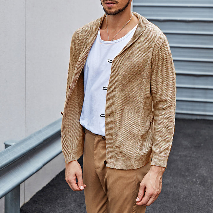 Men's fine knit cardigan with shawl collar, snap-hook closures, and textured knit Mune Fashion