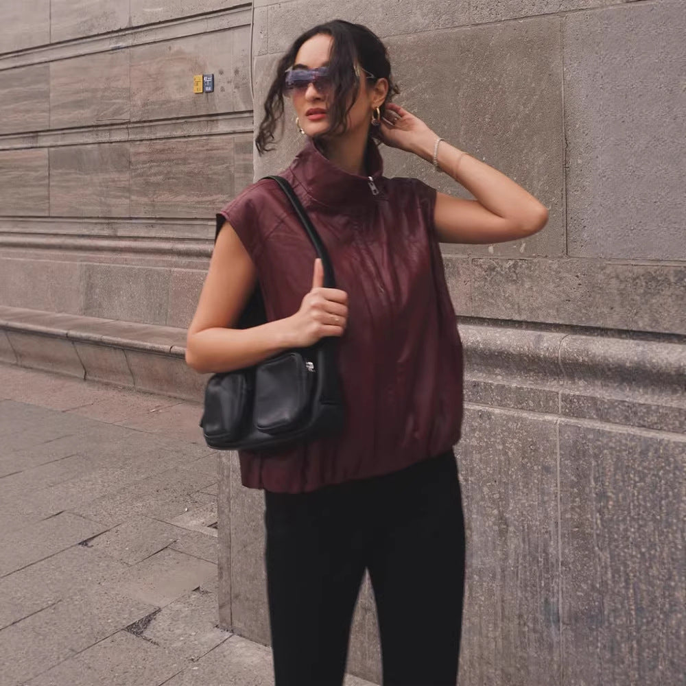 Women Sleeveless Leather Vest with High Stand Collar, Short Boxy Cut and Front Zipper Mune Fashion