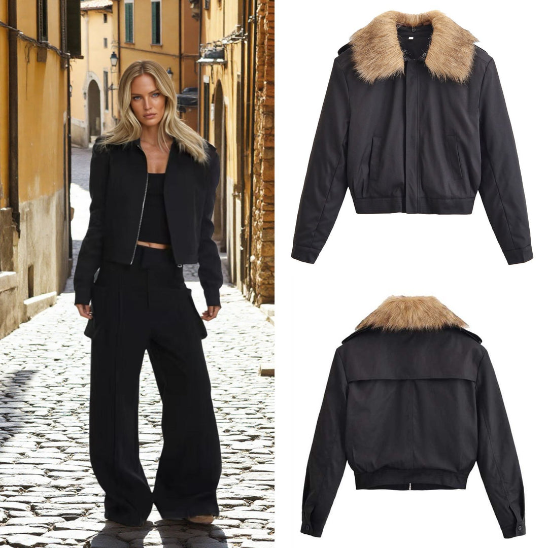 Ladies Short Bomber Jacket with Removable Faux Fur Collar Mune Fashion