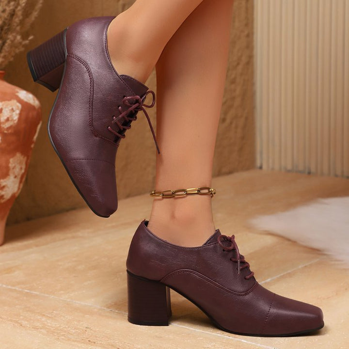 Women Elegant Lace-up Pumps with Square Toe and Mid-high Block Heel Mune Fashion