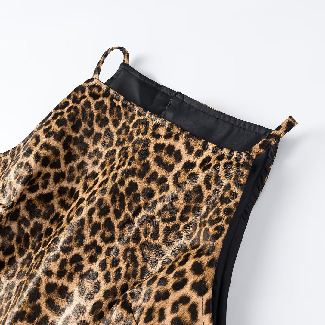 Women's Leopard Mini Dress with Thin Straps and High Neckline Mune Fashion