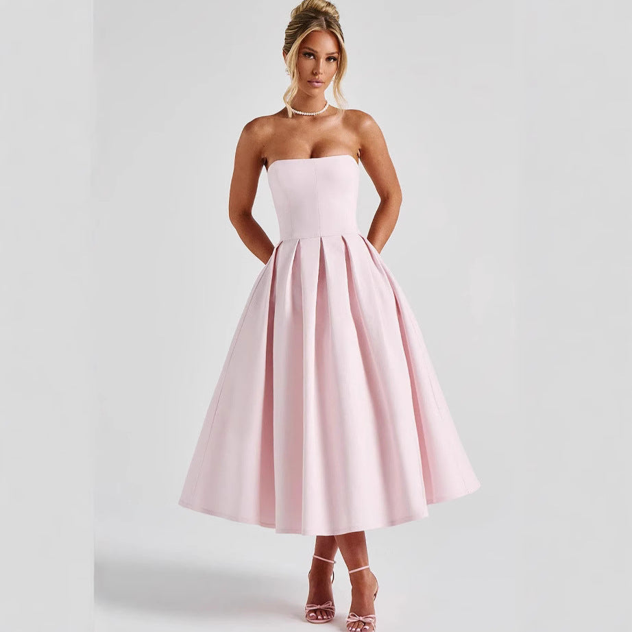Women's Elegant Midi Dress with Flared Skirt and Stylish Bandeau Neckline Mune Fashion