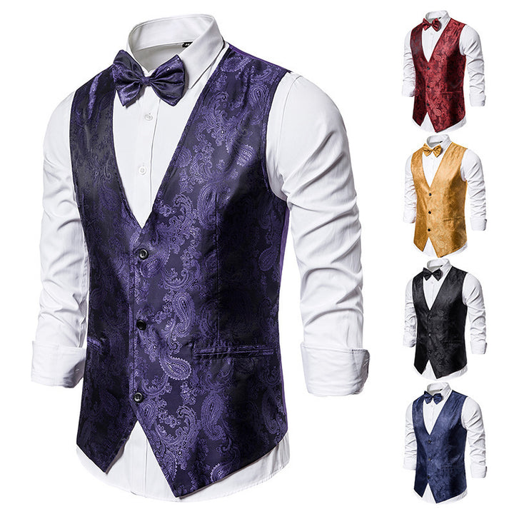 Men's tailored satin vest with ornamental jacquard pattern, V-neck and three buttons Mune Fashion